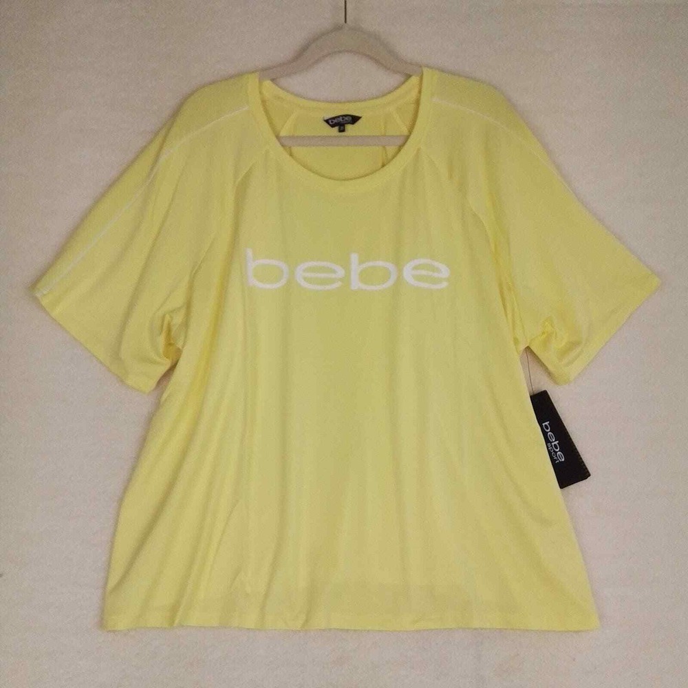 BEBE SPORT Relaxed‎ Fit Active Tee Plus Size 2X Yellow w/ White Logo Stretch